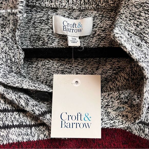 Croft & Barrow Mens Grey & Burgundy Button Mock Neck Sweater - Picture 4 of 6